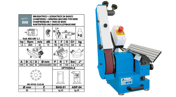 ART.88 - Swing belt bench-mounted grinding m. 50x1250 + Bevelling m. with widia inserts milling cutter max. bevel 6 mm - st728