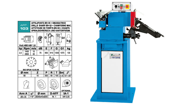 ART.103 - Drill sharpening &Oslash;min. 5 &divide; &Oslash;max. 35 - sharpening angle 118&deg; + Bevelling m. with widia inserts cutter max. bevel 6 mm - st805