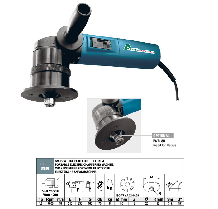 ART.85 - Electric portable bevelling m. with widia inserts milling cutter - suitable for bevelling profiled elements - max. bevel 8 mm - st824