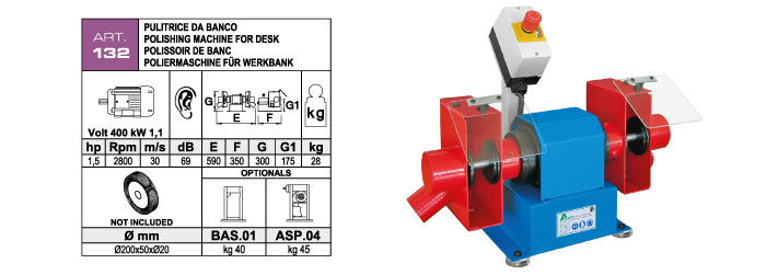 ART.132 - Bench-mounted polishing machine &Oslash;200 mm - double shaft motor &Oslash;20x50 - kW 1,1 (hp 1,5) Rpm 2800 - st782