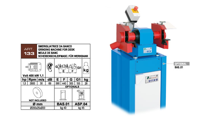 ART.133 - Bench-mounted double grinding machine &Oslash;200x25x&Oslash;20 mm - kW 1,1 (hp 1,5) Rpm 2800 - st792