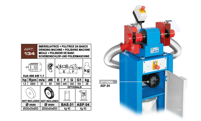 ART.134 - Bench-mounted grinding m. &Oslash;200x25x&Oslash;20 + Polishing machine &Oslash;200x50 mm - kW 1,1 (hp 1,5) Rpm 2800 - st794