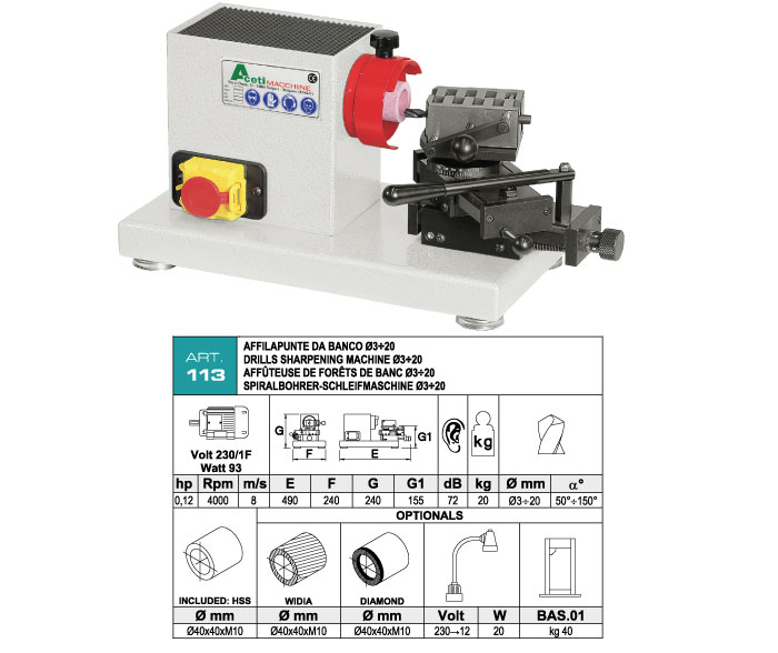 ART.113 - Bench-mounted drill sharpening machine &Oslash;min. 3 &divide; &Oslash;max. 20 mm - variable sharpening angle 50&deg; &divide; 150&deg; - st800
