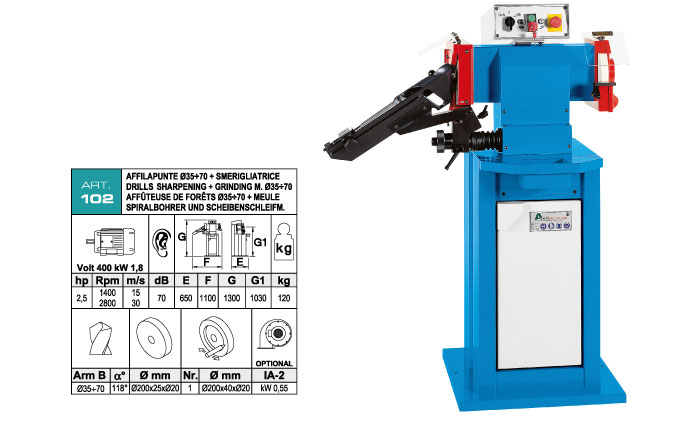 ART.102 - Drill sharpening m. &Oslash;min. 35 &divide; &Oslash;max. 70 - sharpening angle 118&deg; + Grinding machine &Oslash;200x25x&Oslash;20 mm - st803