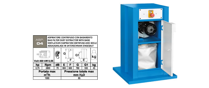 ASP.04 - Centrifugal dust extractor complete with BAS.01 base - dust collection filter bag - kW 0,55 - st809