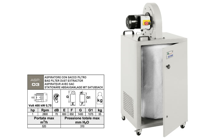ASP.03 - Wheeled dust extractor with centrifugal dust collector - dust collection filter bag - kW 0,75 - st810