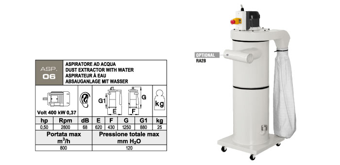 ASP.06 - Wheeled dust extractor - dust collection container in steel with water/oil cooling system - kW 0,37 - st813